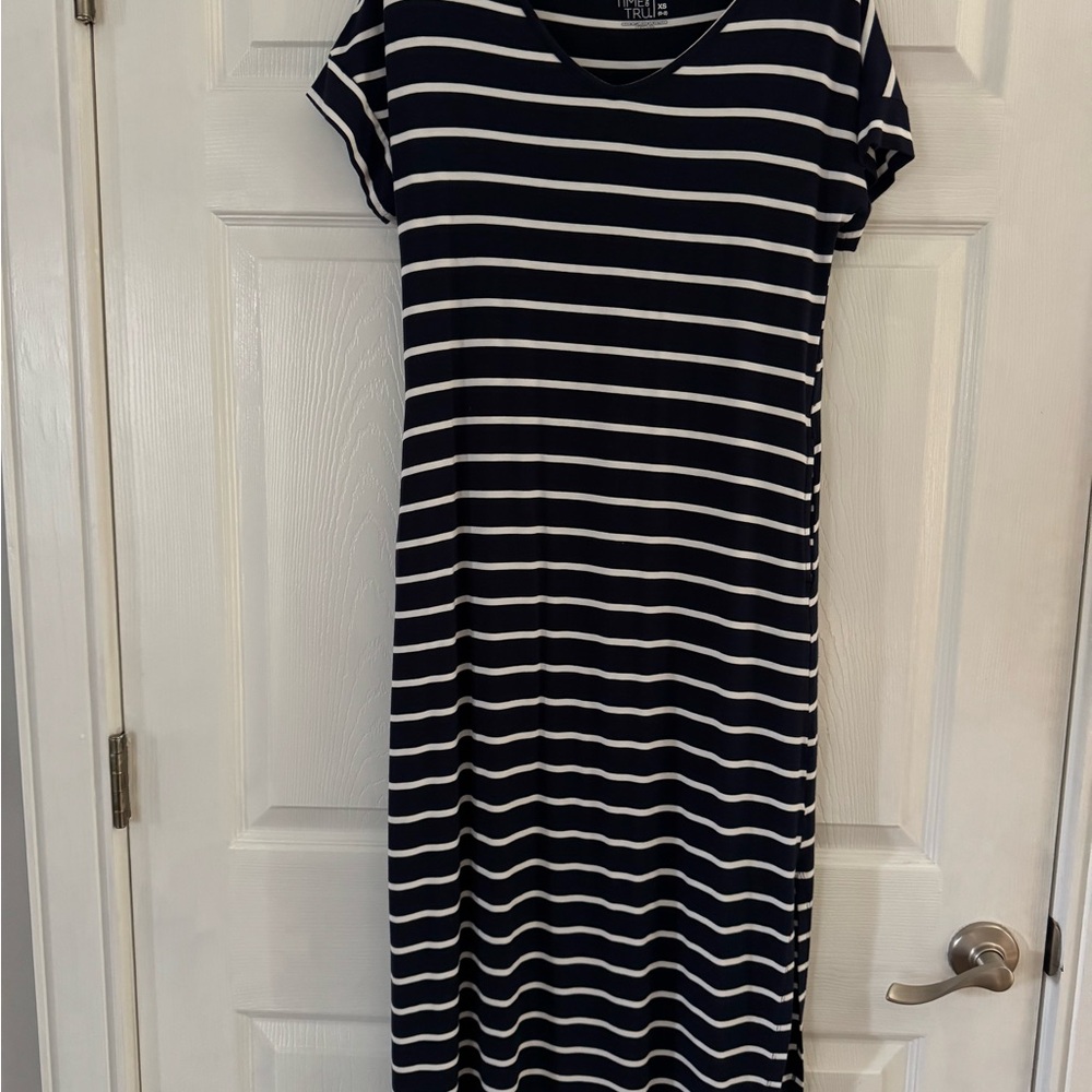 Time and Tru Navy and White Striped Midi Dress